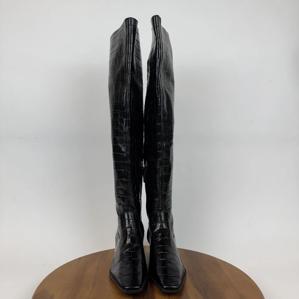 New Womens Schutz Helena Black Leather Croc Print Over The Knee Boots Size 7.5 B